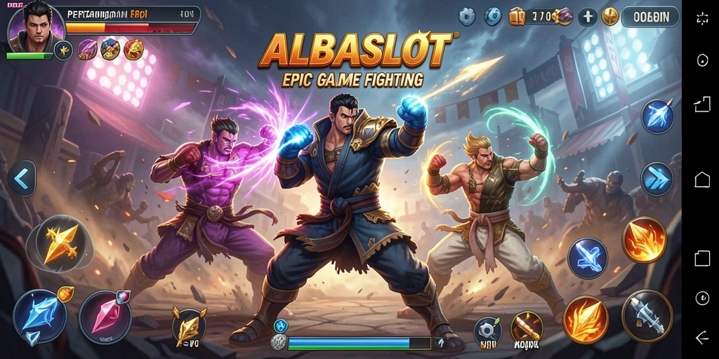 Tampilan gameplay <strong>ALBASLOT</strong> yang intens di arena pertarungan.