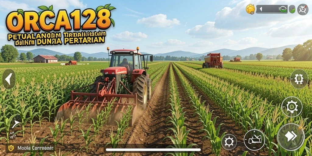 Screenshot gameplay <strong>ORCA128</strong> yang menunjukkan aksi menanam dan panen.