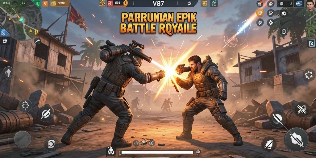 Tampilan gameplay menegangkan dalam pertempuran Battle Royale.